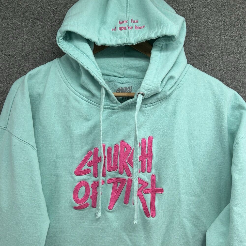 Church Of Dirt Hoodie Women XXL Teal Graphic Streetwear Sweatshirt Pullover READ